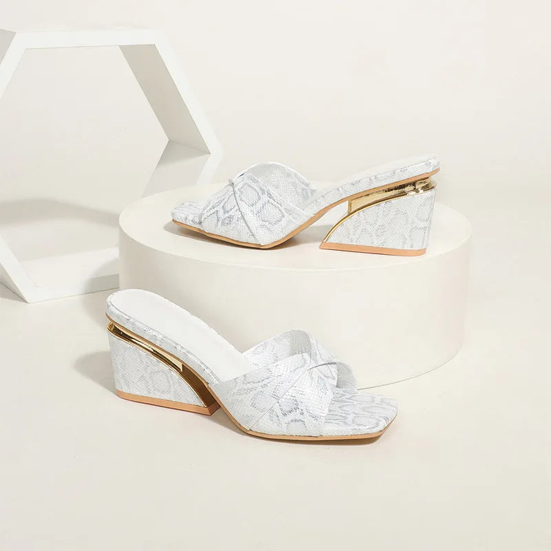 Xuanhui Hot Selling Fashion square Toe Snake Pattern Wedge Muller slippers Gold 6cm Heeled Sandals