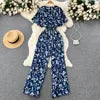 ANSZKTN Women's Summer Pant Set Short Sleeved Lattice Shirt Loose Wide-leg Trousers Printed High Waist Suit Jumpsuit