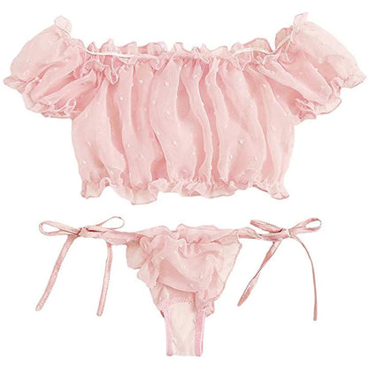 Damen Mädchen Süß Sexy Dessous Bikini Set Kurzarm schulterfrei Schnürung Zweiteiler Anzüge Badeanzüge Strandbekleidung Bademode