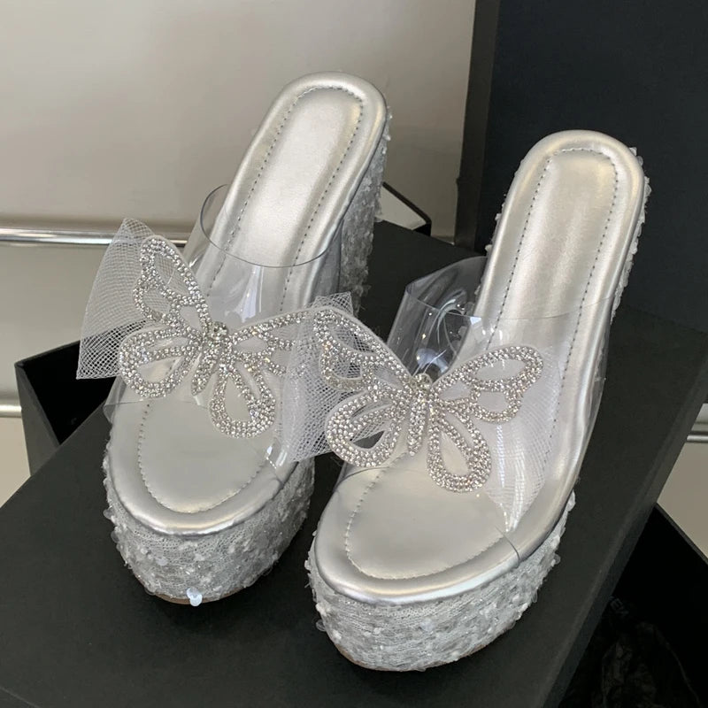 2025 New  Summer Fashion Bow Shining Sandals TPU Casual Slope Heel Slippers Ultra High Heels