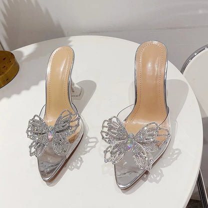 Talons Transparents d'Été avec Nœud Strass Sandales à Talons Verre de Vin Nouveaux Chaussons Femme à Bout Pointu Vert Émeraude Chaussons Sexy à Bride Cheville