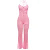 Peeqi W24Q62145 Nouveau Combinaison Tricotée Sexy Femme Été Printemps Col Halter Sans Manches Évidé Patte d'Éléphant en Laine Combinaison pour Femme