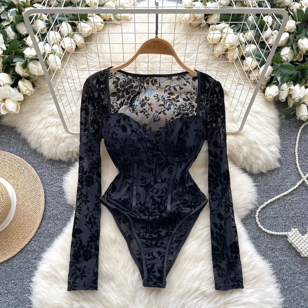 Fall Y2K Square Collar Slim Jumpsuit for Women Long Sleeve High Waist Printed Mesh Bodysuit Ladies Y2k Rompers Wholesale