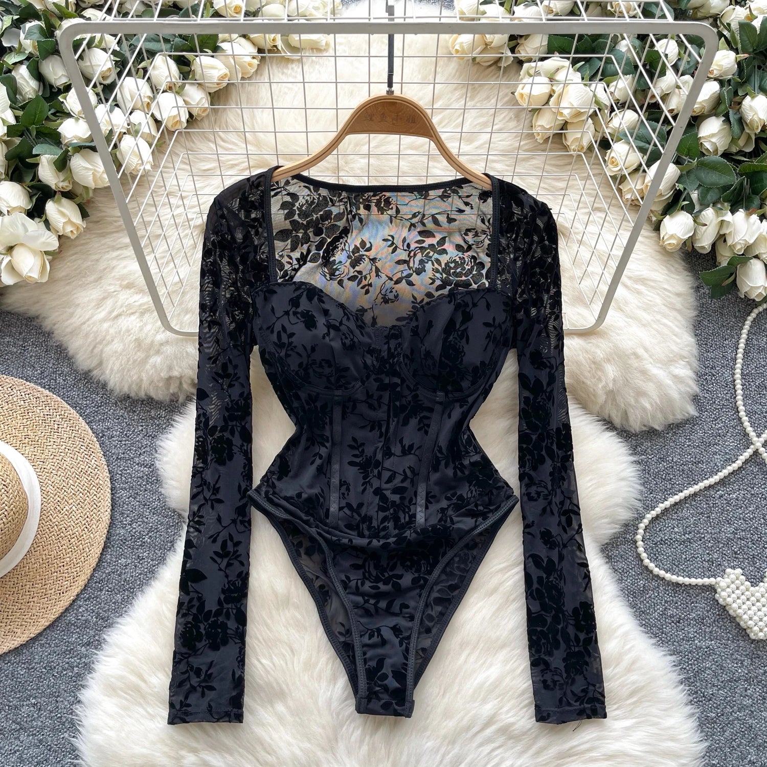 Fall Y2K Square Collar Slim Jumpsuit for Women Long Sleeve High Waist Printed Mesh Bodysuit Ladies Y2k Rompers Wholesale