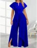 Combinaison femme col en V irrégulier, pantalon large, robe combinaison, manches courtes, couleur unie, tailles S-3XL