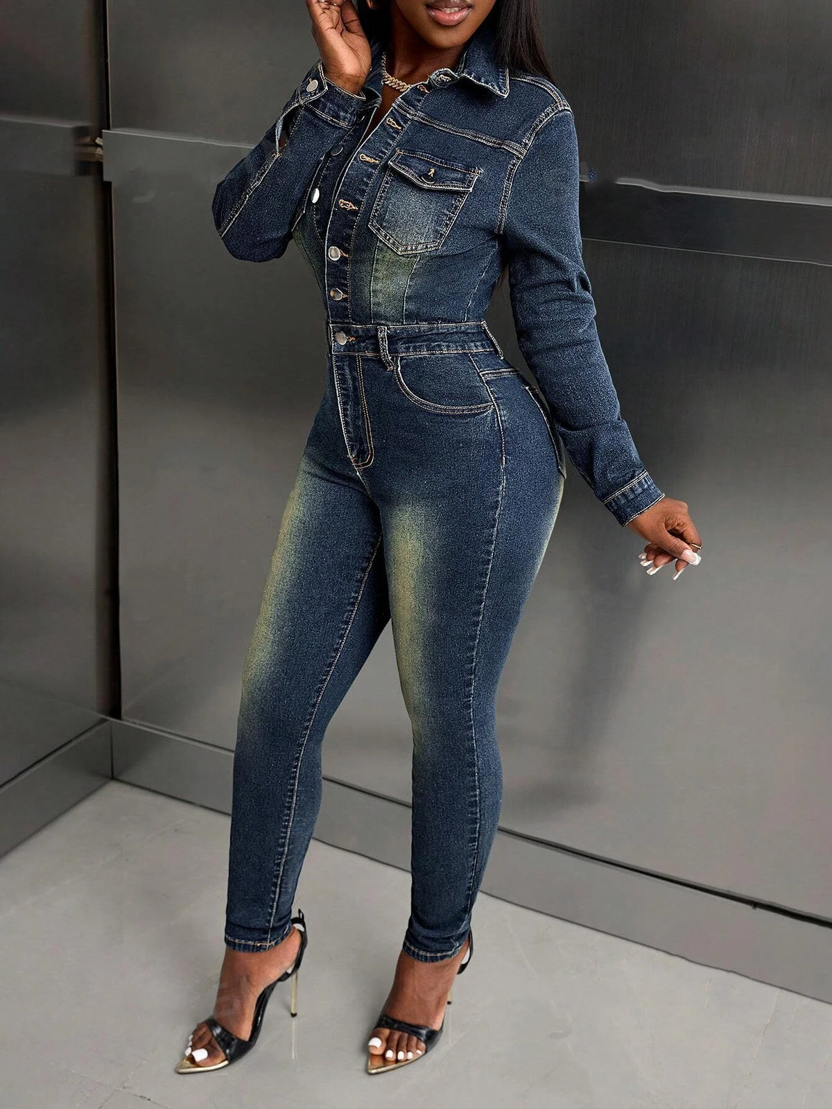 Lässiger Retro-Langarm-Jeans-Jumpsuit für Damen, Neckholder-Strumpfhose für Sommerpartys, gestrickter Stoff, bedrucktes Design, Skinny One-Piece
