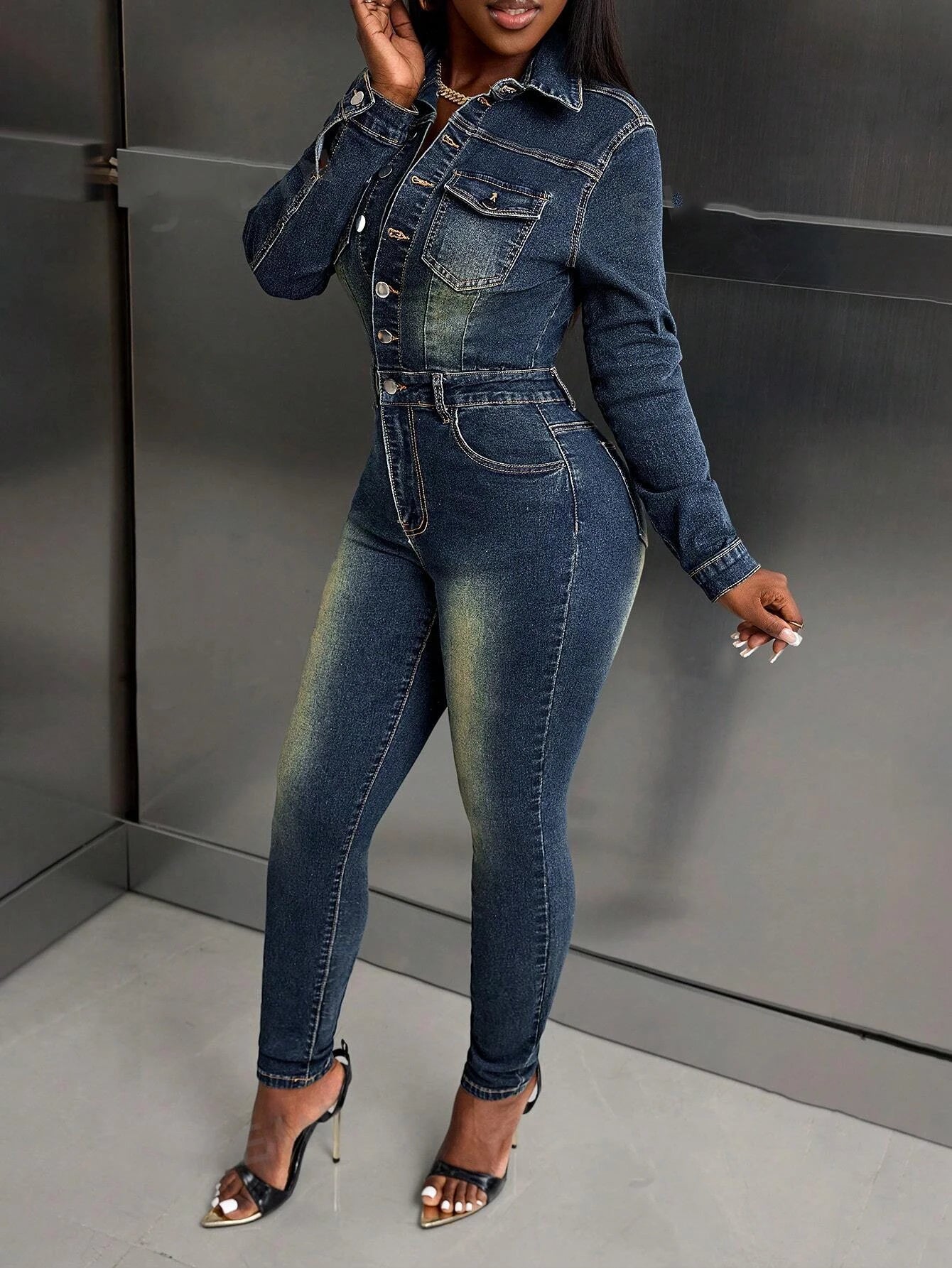 Casual Women's Retro Long Sleeve Denim Jumpsuit Halter Tights for Summer Parties Knitted Fabric Printed Design Skinny One Going