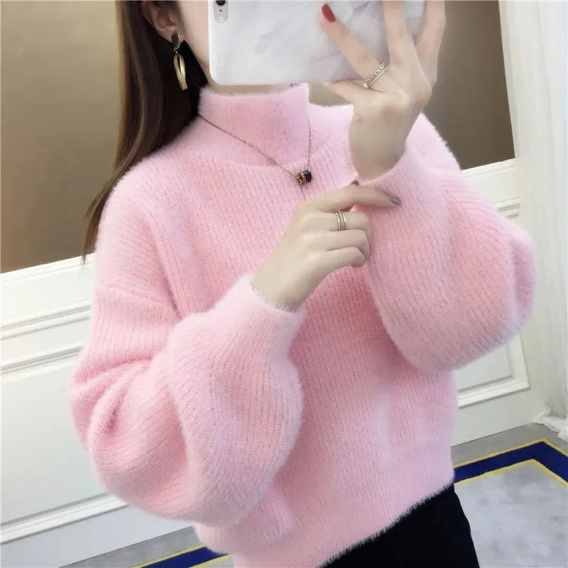 Autunno/Inverno Donna Maglione Pullover Nuovo Mezza Dolcevita Manica Lanterna Maglione Corto Imitazione Visone Pile Maglia Maglione Top
