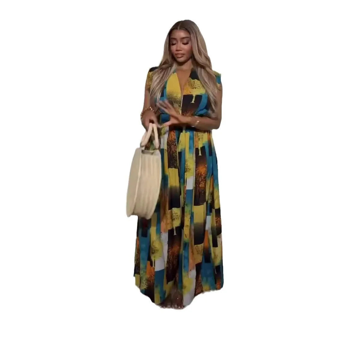 Ärmelloser Jumpsuit mit V-Ausschnitt, bedrucktem Patchwork, atmungsaktiver Strick-Sommer-Jumpsuit für Partys mit Knopfdekoration