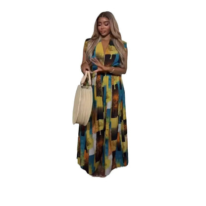 Ärmelloser Jumpsuit mit V-Ausschnitt, bedrucktem Patchwork, atmungsaktiver Strick-Sommer-Jumpsuit für Partys mit Knopfdekoration