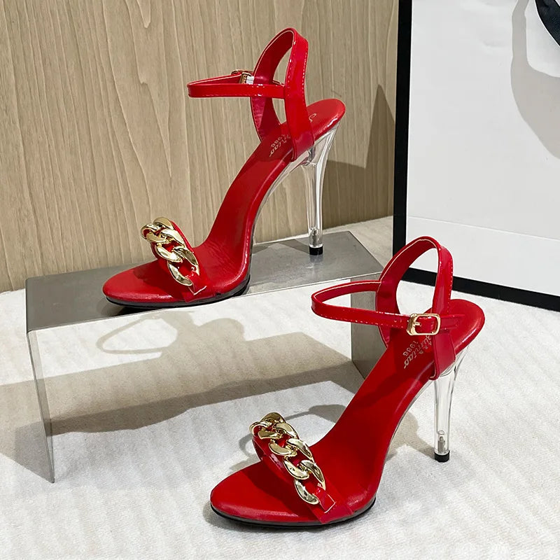 Sandales d'été montantes 11CM à talon super haut boucle métallique transparente plateforme imperméable à lacets extérieur verni sexy Club