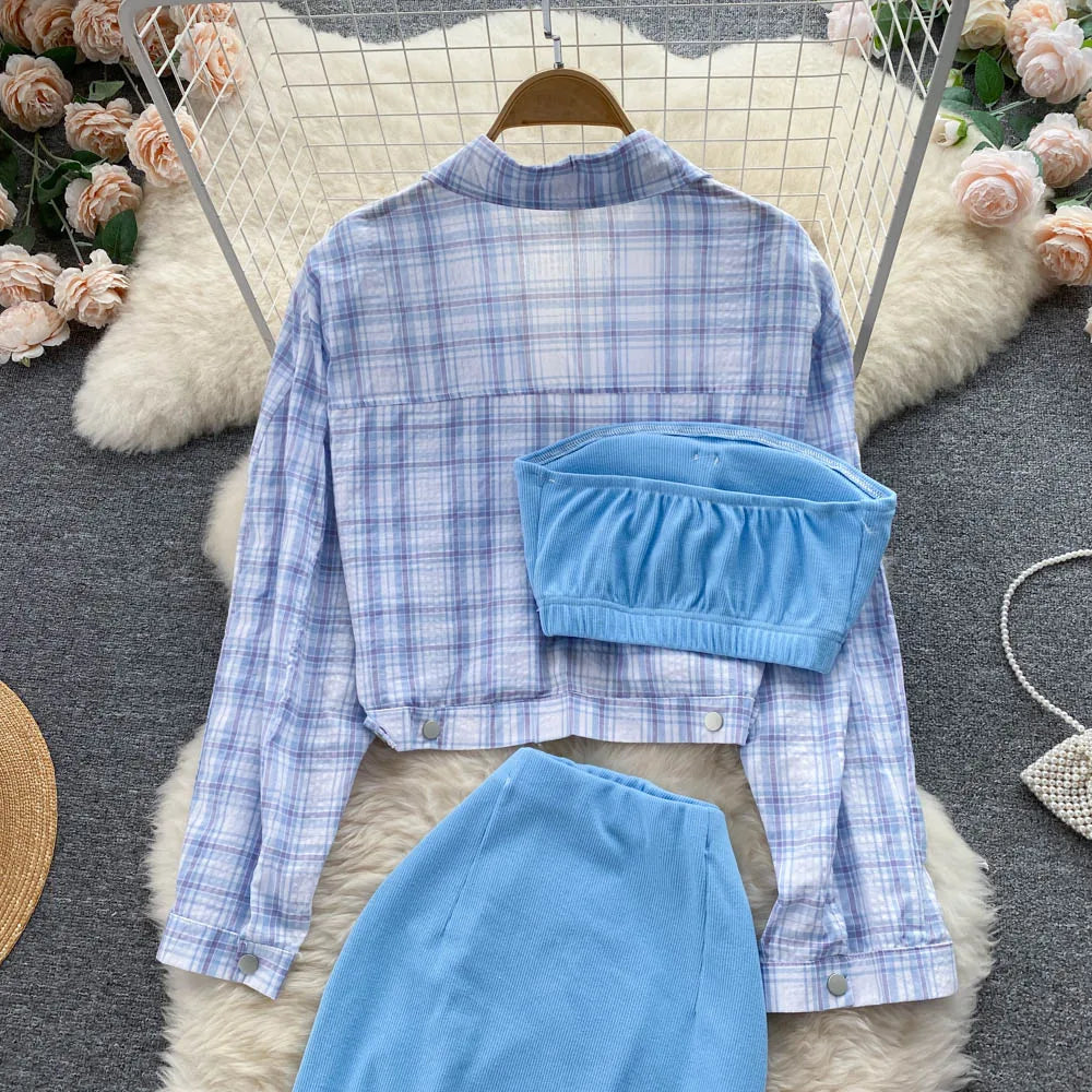 ANSZKTN Sommer Damen Sommeranzug Damen Sonnenschutzhemd Vielseitiger sexy BH Faltenrock Dreiteiler Mode