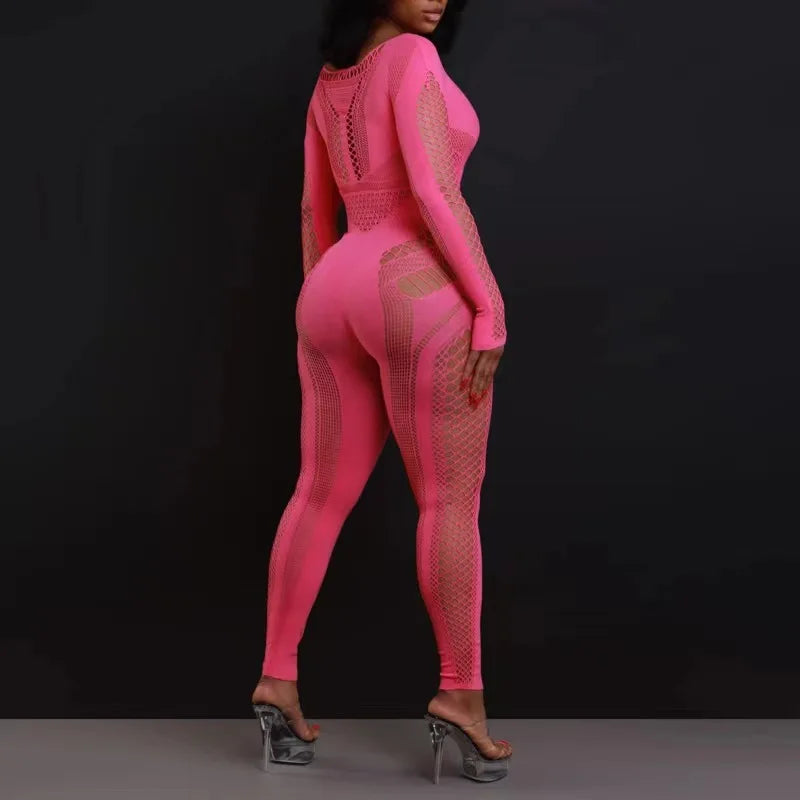 Neue Ankunft Damen Body Hohl Mittelhohe Taille Eng Große Größen Overalls Einfarbig Langarm Sexy Durchsichtiger Jumpsuit