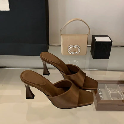 8CM Simple Style Women Slippers Silk Stiletto Heels Summer Outdoors High Heeled Sandals Comfortable Party Ladies Shoes Mules