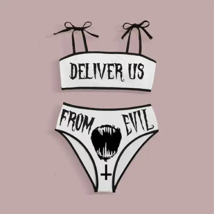 Ensemble bikini imprimé lettres gothiques punk, maillot de bain sexy 2023 pour femmes, motif tête de mort, col en V, maillot de bain tendance