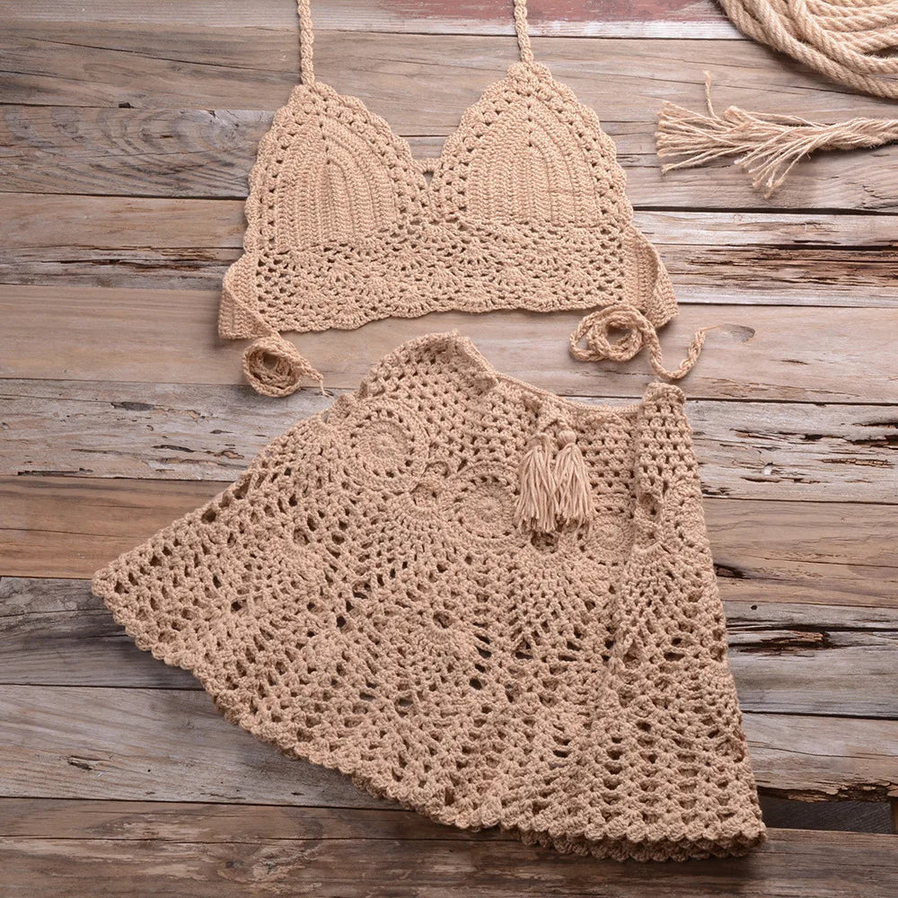 Custom Crochet Swimwear Women's Halter Top Tie Side Swimsuits 2 Piece Beachwear Set Beach Cover up Crochet Bikini