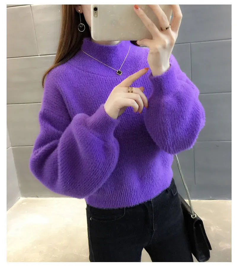 Autunno/Inverno Donna Maglione Pullover Nuovo Mezza Dolcevita Manica Lanterna Maglione Corto Imitazione Visone Pile Maglia Maglione Top