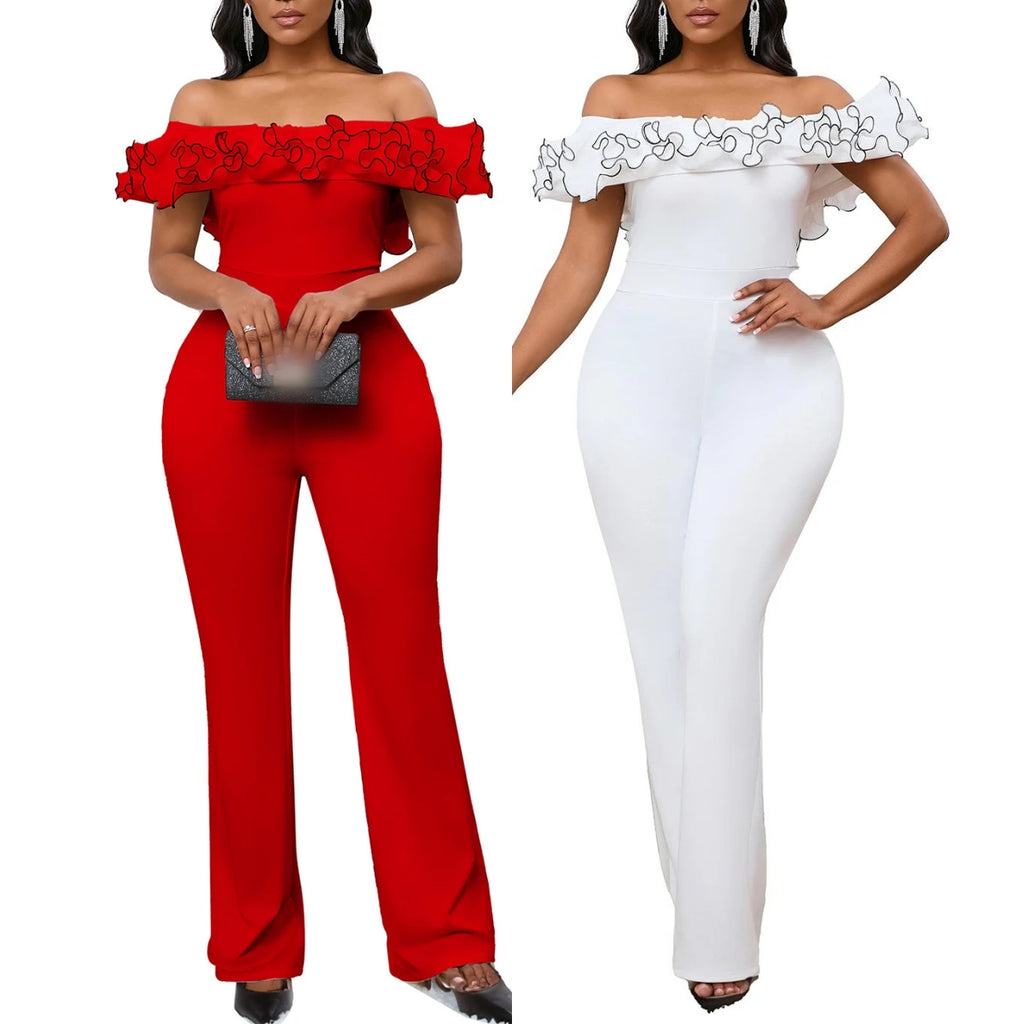 D523 Women's Sexy Tight Solid Color One Line Collar Ruffled off the Shoulder Short Sleeved Jumpsuit