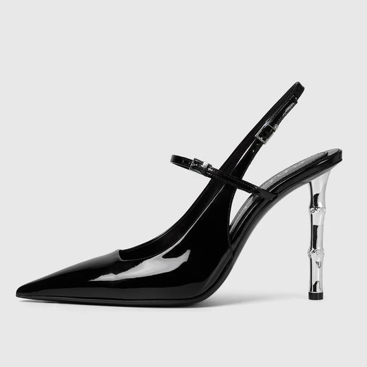 Big Size 45 Women Patent  High Silver Heels Sandals Summer Pointed Toe Back Strap Shoes Single Band Dress Stiletto Slingback