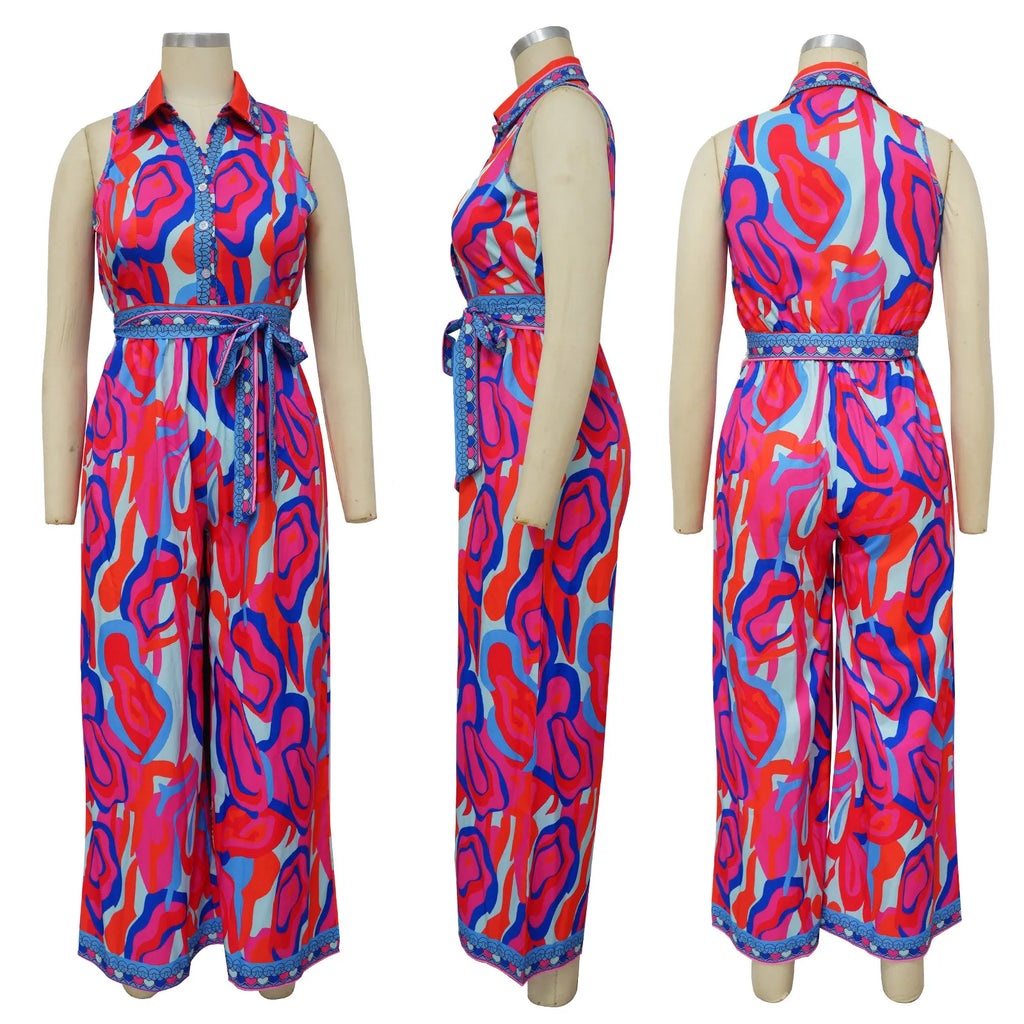 K10547 Großhandel Neuer Sommer Druck Ärmelloser V-Ausschnitt Weiter Bein-Jumpsuit Damen Freizeit-Jumpsuit