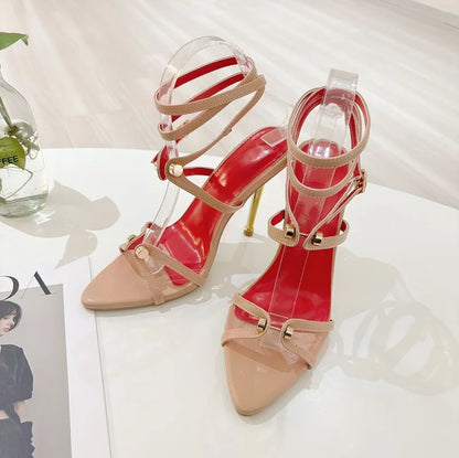 2025 New Rivet Buckle Metal Lace up Fashion Pointed Toe Sexy Sandals High Heels