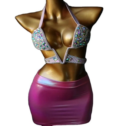 Damen Sexy Body Chain Kristall Diamant Bikini Strand Luxus Bademode Schmuck Crop Top BH für Nachtclub High Cut Bikini Set