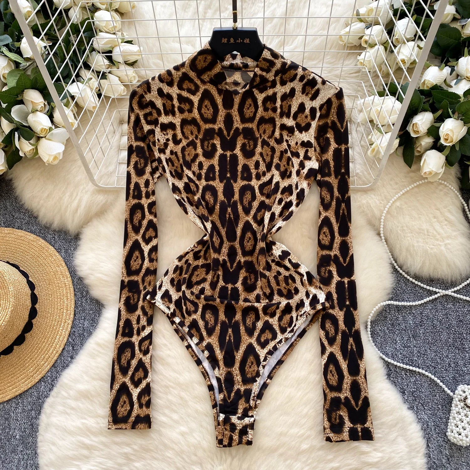 Y2K Rollkragen-Overall schmal geschnitten für Damen, hoher Bund, Leopardenmuster, Spitze, Bodysuit, Damen, sexy Strampler, Großhandel