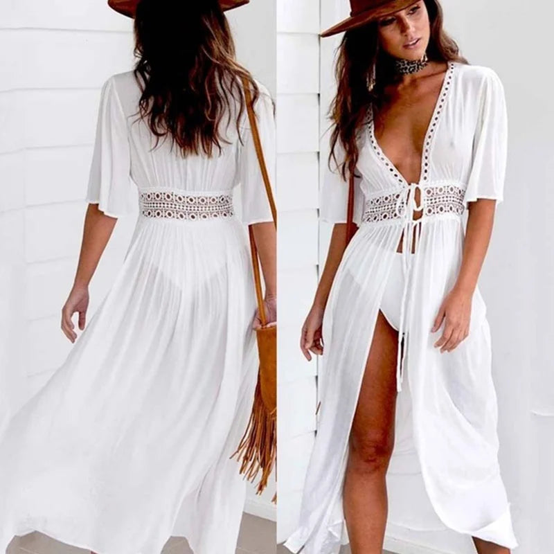 Neue Mode Damen Sommer Bikini Overall Tiefer V-Ausschnitt Halbarm Spitze Passende Schnürung Lässiges Langes Cape Cardigan Kleid