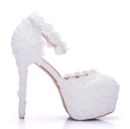 BS048 White Lace High Heels Platform Pumps Party Wedding Shoes White Heels Ankle Straps Women Sandals Bridesmaid Shoes