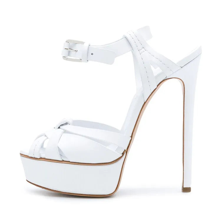 Ladies Crisscross Stiletto Heel Platform High Heels Gold PU Leather Ankle Strap Sexy Button Fashionable Summer Party Sandals
