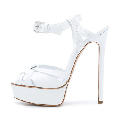 Ladies Crisscross Stiletto Heel Platform High Heels Gold PU Leather Ankle Strap Sexy Button Fashionable Summer Party Sandals