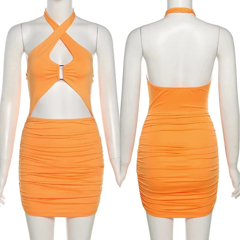 2022 senza maniche Backless scava fuori vestito aderente estate Sexy increspato Halter Mini abiti donna abiti da sera Party Club Outfit