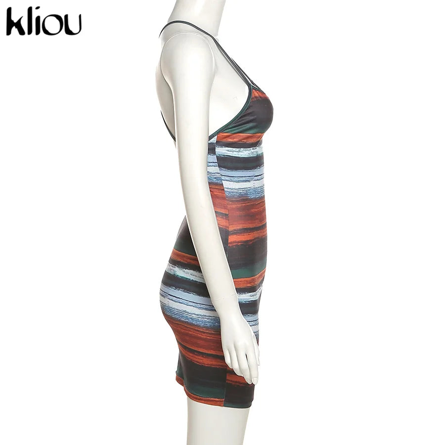 Kliou Mini abiti a righe con pannelli Estetici Donna Sexy Skinny Slash Neck Canotta Backless Vintage Midnight Clubwear Abiti