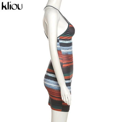 Kliou Mini abiti a righe con pannelli Estetici Donna Sexy Skinny Slash Neck Canotta Backless Vintage Midnight Clubwear Abiti