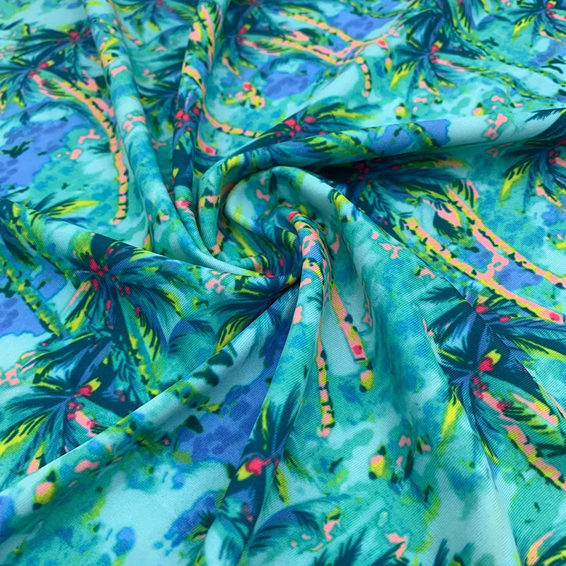 Fabric Supplier Quick Dry Blue Coconut Tree Sublimation Printing Nylon Spandex Fabric Beachwear Sexy Woman Swimwear Bikini Set