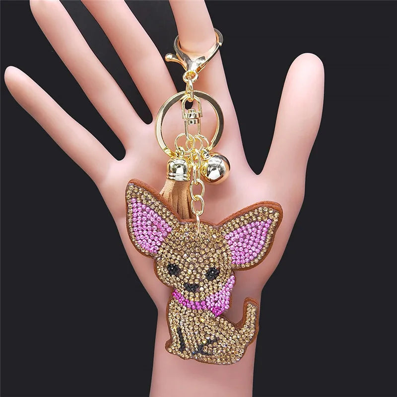 Moda Chihuahua Cane Portachiavi di Cristallo Borsa Accessori per Le Donne Color Oro Portachiavi Gioielli llaveros para mujer K2502S01