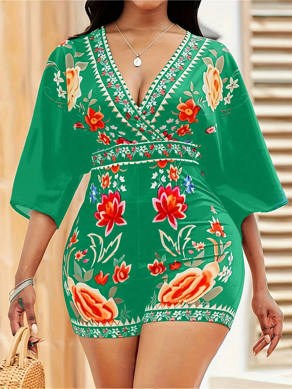 Green V-Neck Floral Print Batwing Sleeve Waist-Cinched Romper