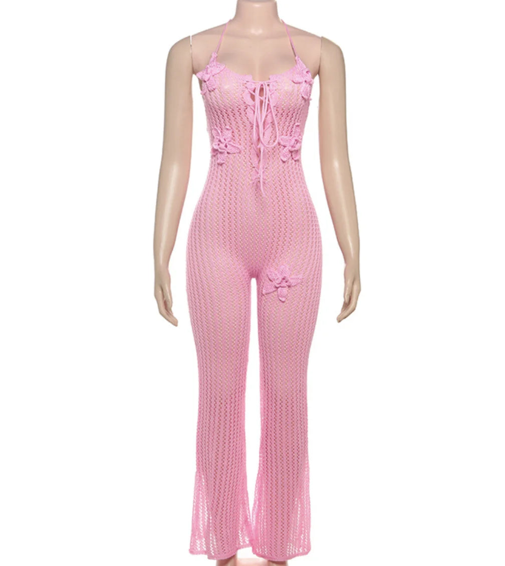 Peeqi W24Q62145 Nouveau Combinaison Tricotée Sexy Femme Été Printemps Col Halter Sans Manches Évidé Patte d'Éléphant en Laine Combinaison pour Femme