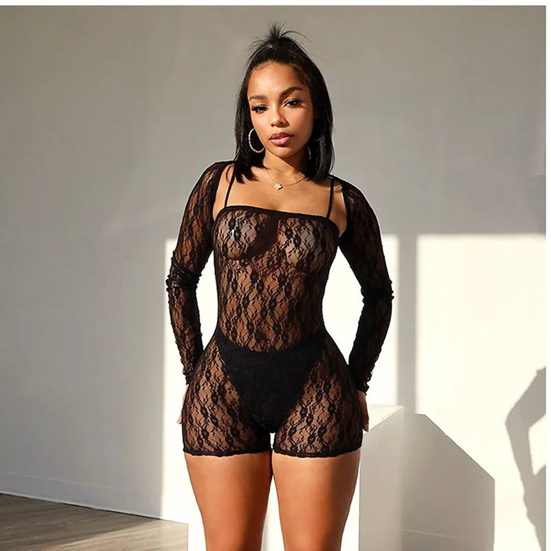 Combinaison Femme Sexy Creuse Manches Longues Élastique Taille Haute Printemps Mode Résille Dos Nu Bas Collants