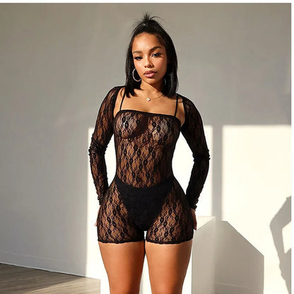 Combinaison Femme Sexy Creuse Manches Longues Élastique Taille Haute Printemps Mode Résille Dos Nu Bas Collants
