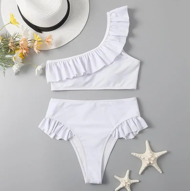 New Arrivals  3Colors One Shoulder Swimwear With Ruffle Sexy Woman High Waist Brazilian Bikini