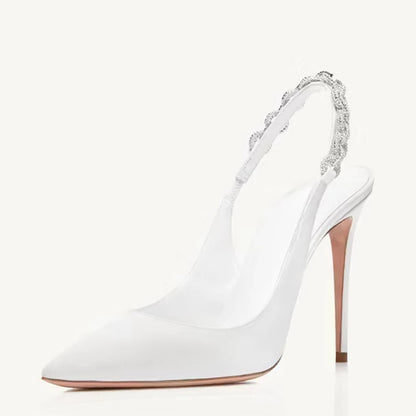 Grandes Chaussures Femme Sandales à Talons Hauts Taille 45 Bout Pointu Chaîne Strass Sangle Arrière Grandes Pointures Stiletto Slingback