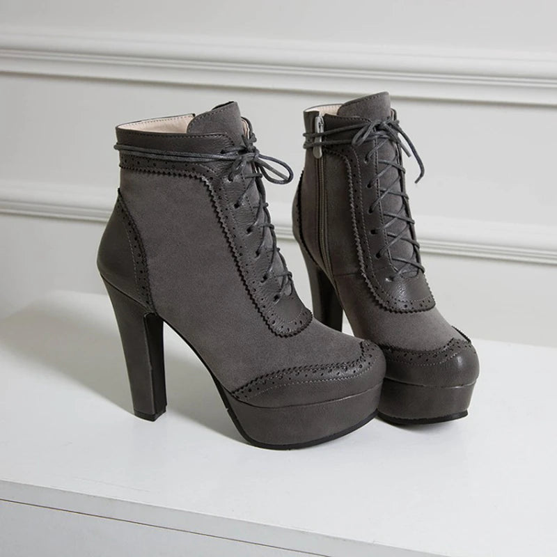 REAVE CAT Ankle Boots Lace Up Flock Platforms Round Toe Block Heel Short Plush Black Yellow Grey A4506