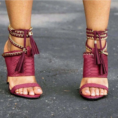 Sexy Metal Chain High Heel Sandals Fringes Straps Women Stiletto Slippers Lace up Party Shoes