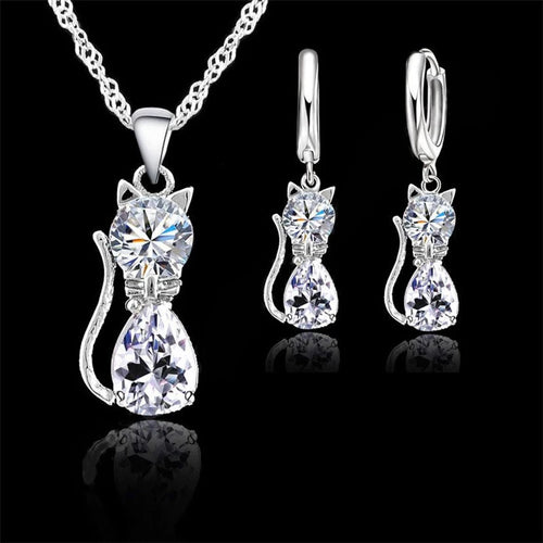 Set di gioielli in vero argento sterling 925 per donna ragazza brillante cristallo austriaco collana con ciondolo gatto carino orecchino Huggie