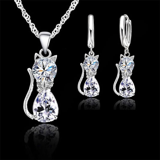 Set di gioielli in vero argento sterling 925 per donna ragazza brillante cristallo austriaco collana con ciondolo gatto carino orecchino Huggie