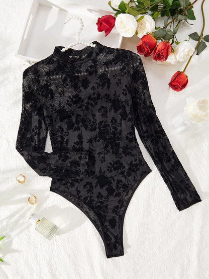 Combinaison noire rétro automne Y2k à manches longues ajourées en maille transparente avec broderie sexy en dentelle pour femme