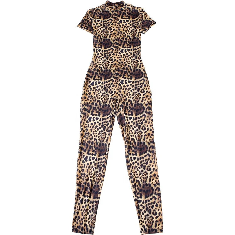 OUDINA Autumn and Winter Tight Short Sleeve Jumpsuit New Fashion Leopard Print Jumpsuits Backless Women Playsuits