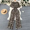 ANSZKTN Women's Summer Pant Set Short Sleeved Lattice Shirt Loose Wide-leg Trousers Printed High Waist Suit Jumpsuit