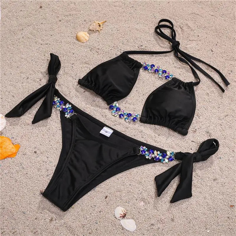 Bikini Leopardato con Strass 2026, Costume da Bagno Donna Scavato, Perizoma Femminile, Set Bikini con Diamanti, Halter
